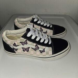 Vans Old Skool Checkerboard Skate Shoe - Kids - Black / White/Butterflies Size 3